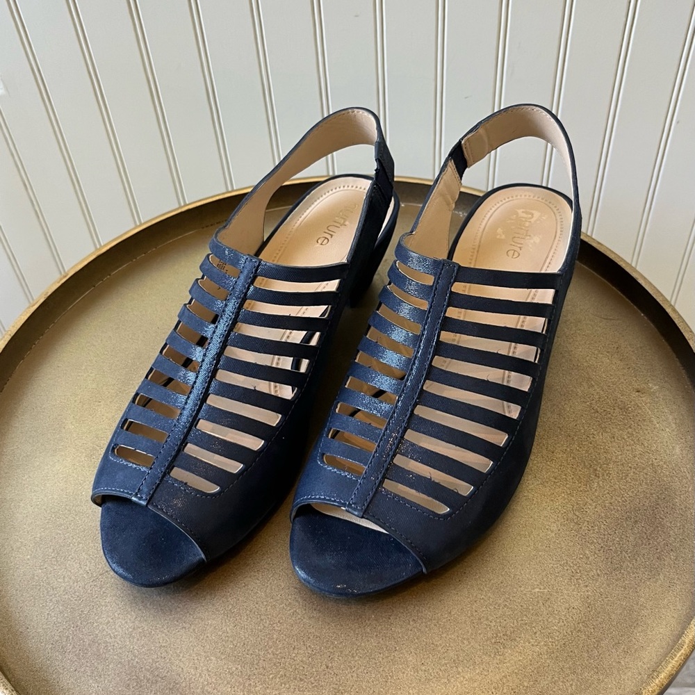 NUTURE VIVICAH NAVY BLUE CAGED SLINGBACK SANDAL | LEATHER | SIZE: 7.5 | EUC